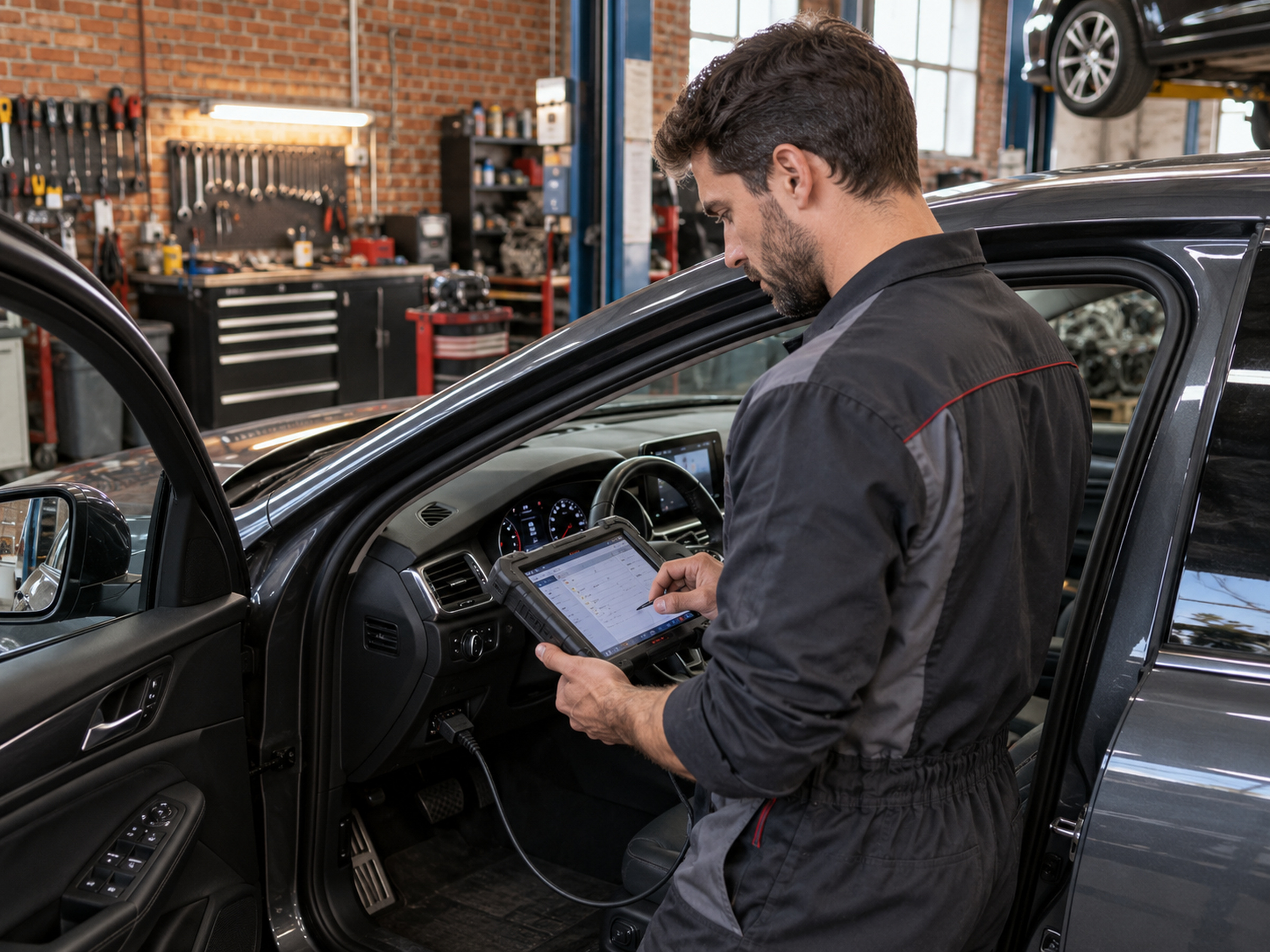 mécanicien avec valise de diagnostic branchée sur une voiture, atelier aux murs de briques